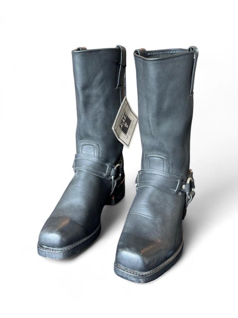 Frye Black Leather Harness Cowboy Boots